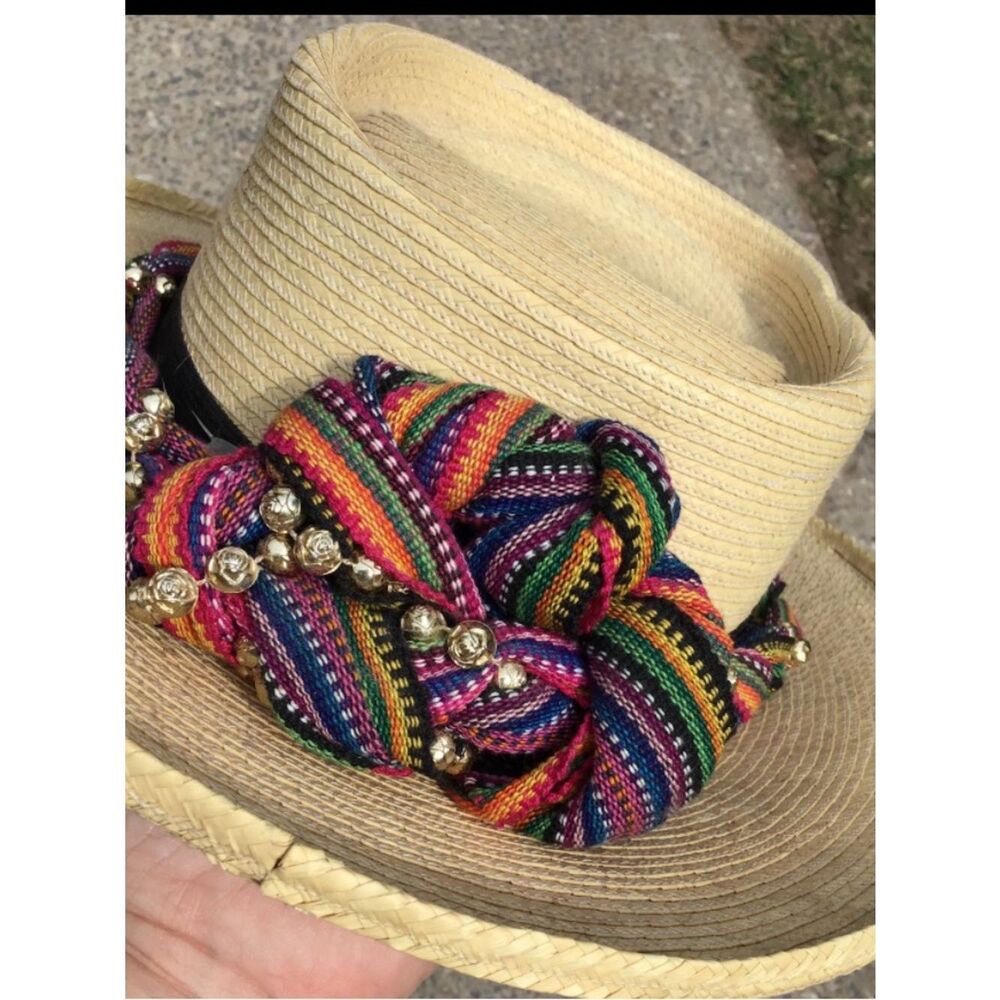 Gumarcaah Guatamala Handwoven Palm Beaded Bow Vintage Hat 55cm - Picture 4 of 6